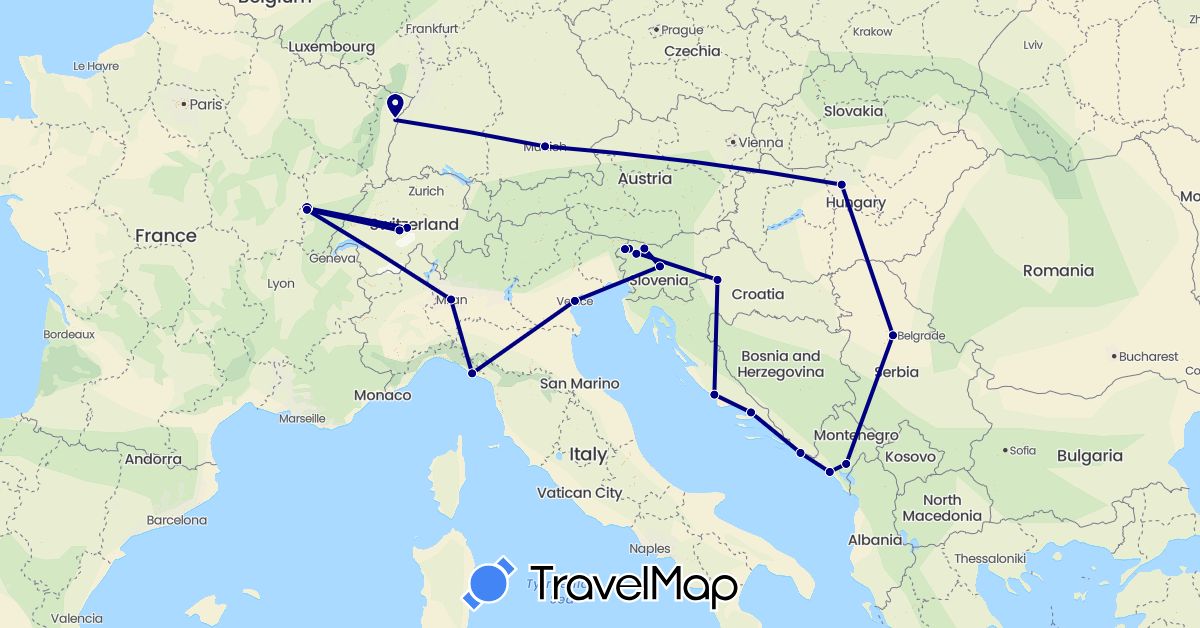 TravelMap itinerary: driving in Switzerland, Germany, France, Croatia, Hungary, Italy, Montenegro, Serbia, Slovenia (Europe)